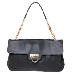 Used Salvatore Ferragamo Dark Grey Leather Flap Shoulder Bag