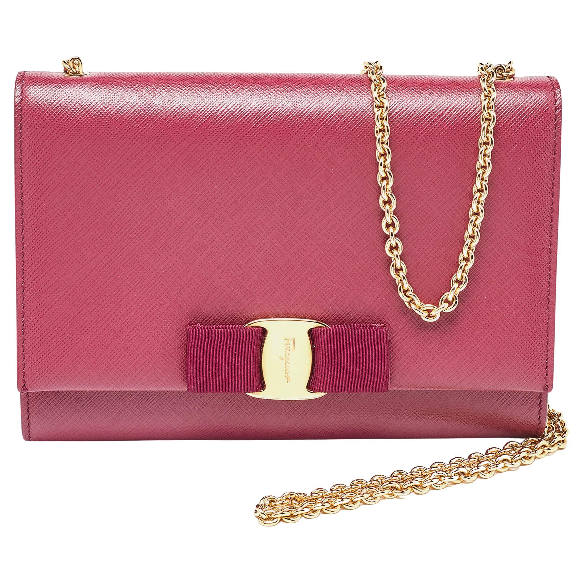 Salvatore Ferragamo Dark Pink Leather Vara Bow Chain Bag For Sale