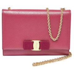 Used Salvatore Ferragamo Dark Pink Leather Vara Bow Chain Bag