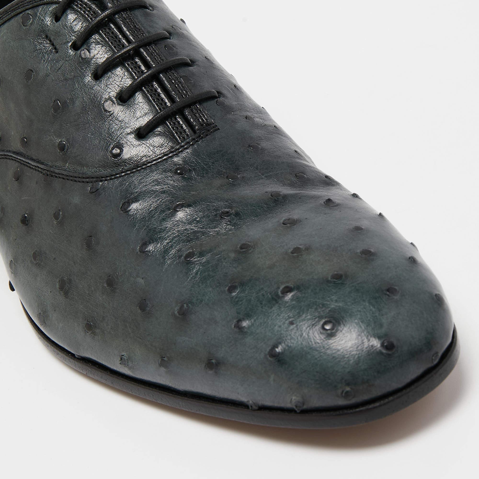 Salvatore Ferragamo Dark Teal Ostrich Leather Gris Oxfords Size 41.5 2