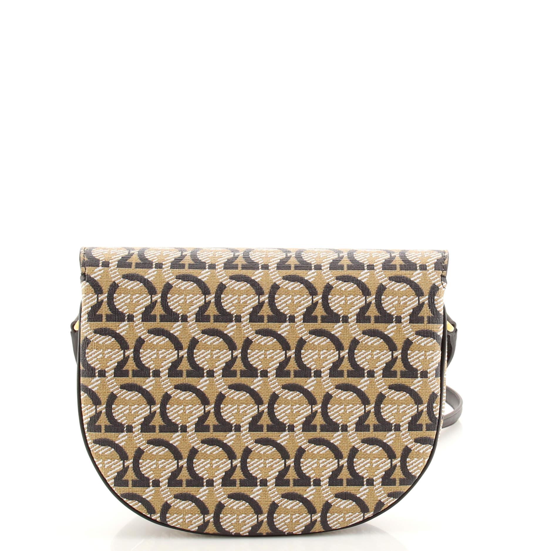 Salvatore Ferragamo Double Flap Saddle Crossbody Bag Gancini Coated Canvas In Good Condition In NY, NY