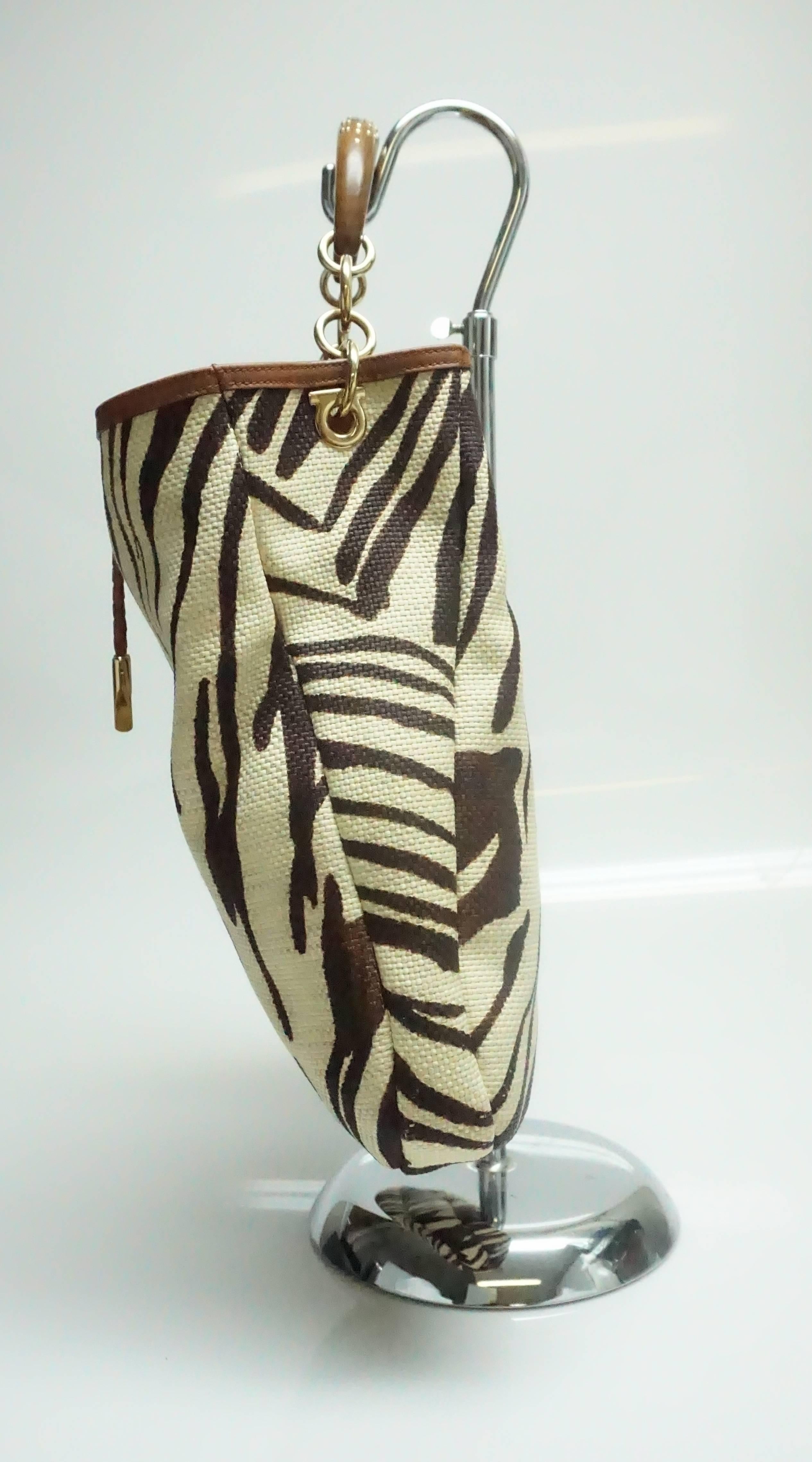 Salvatore Ferragamo Earthtone Zebra Print Raffia Wood Studded Handle Handbag  4