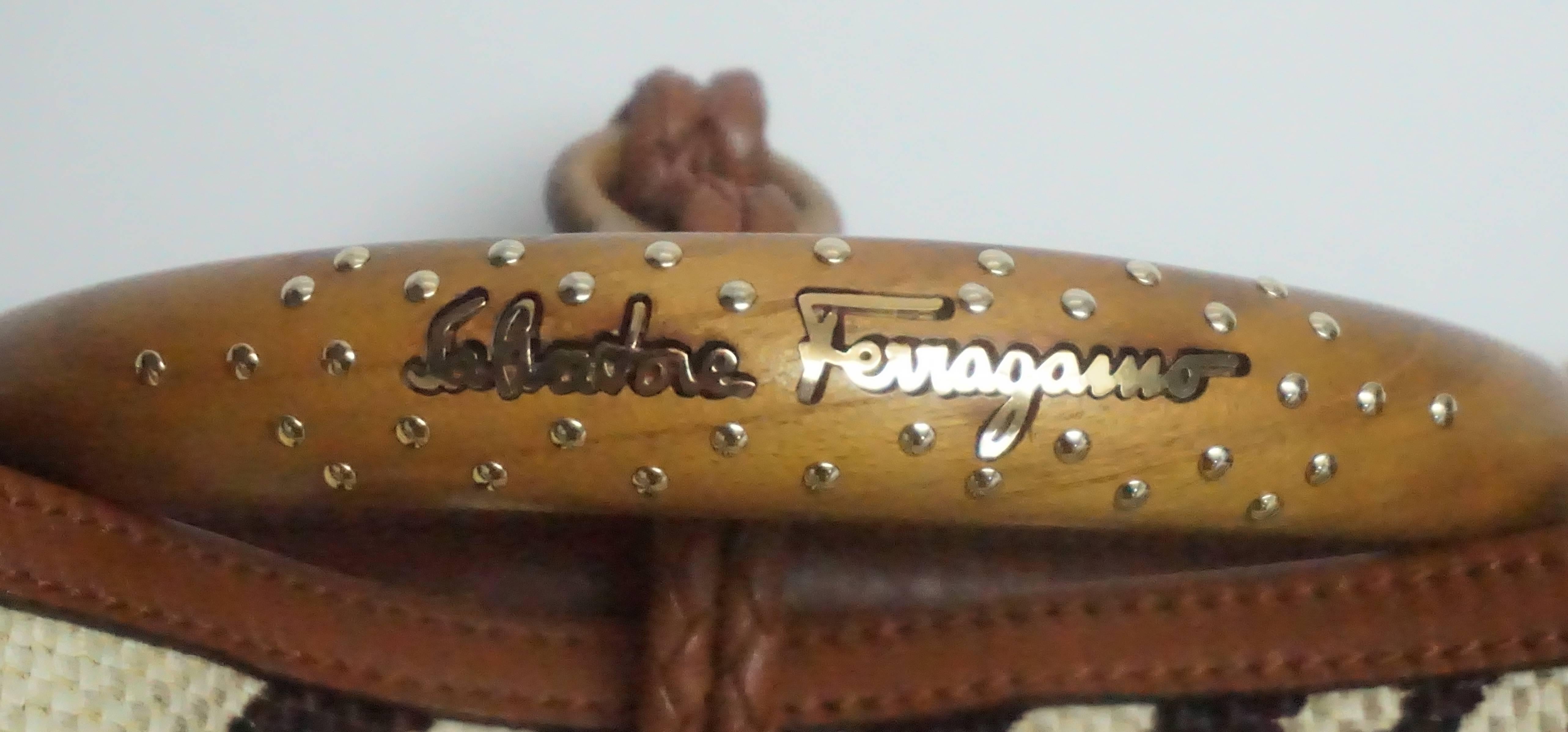 Salvatore Ferragamo Earthtone Zebra Print Raffia Wood Studded Handle Handbag 5