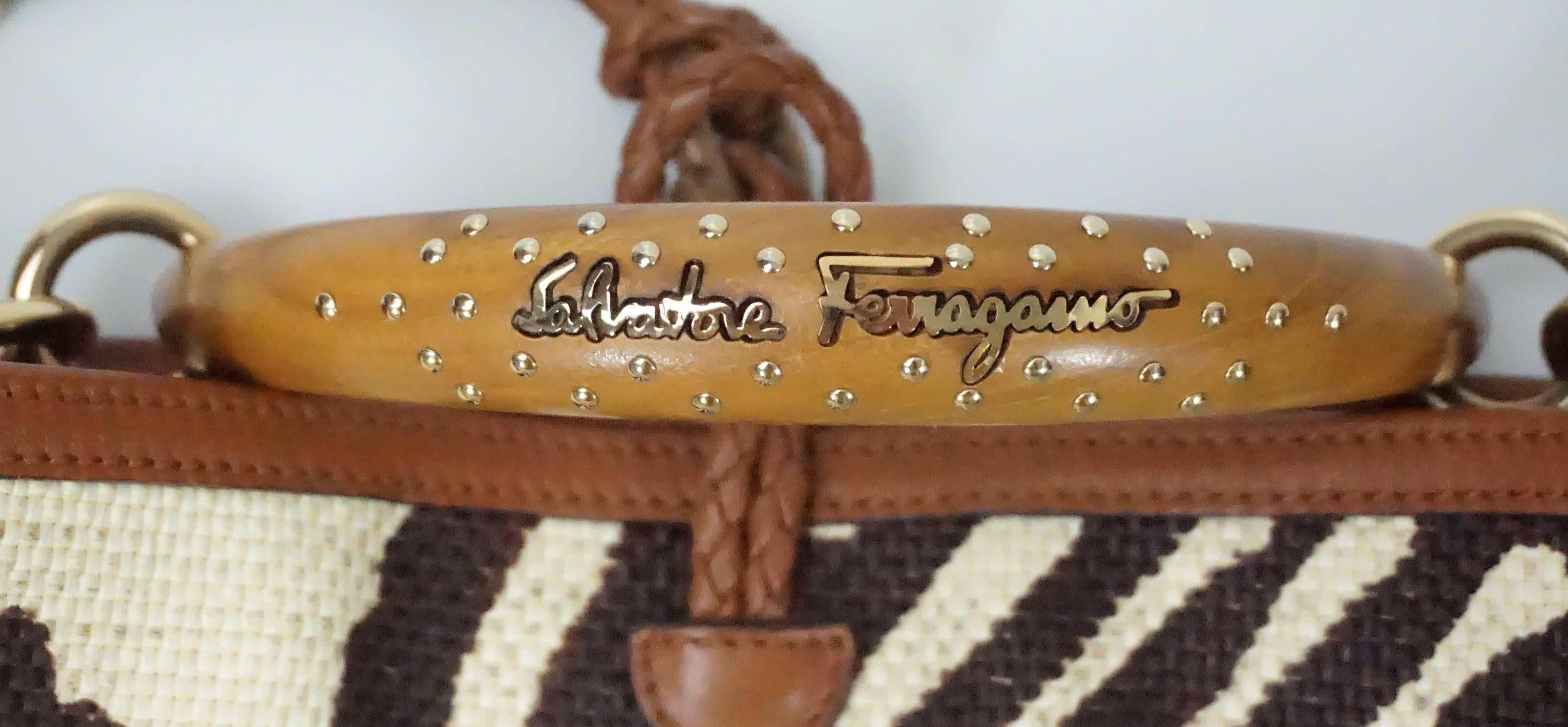 Beige Salvatore Ferragamo Earthtone Zebra Print Raffia Wood Studded Handle Handbag 