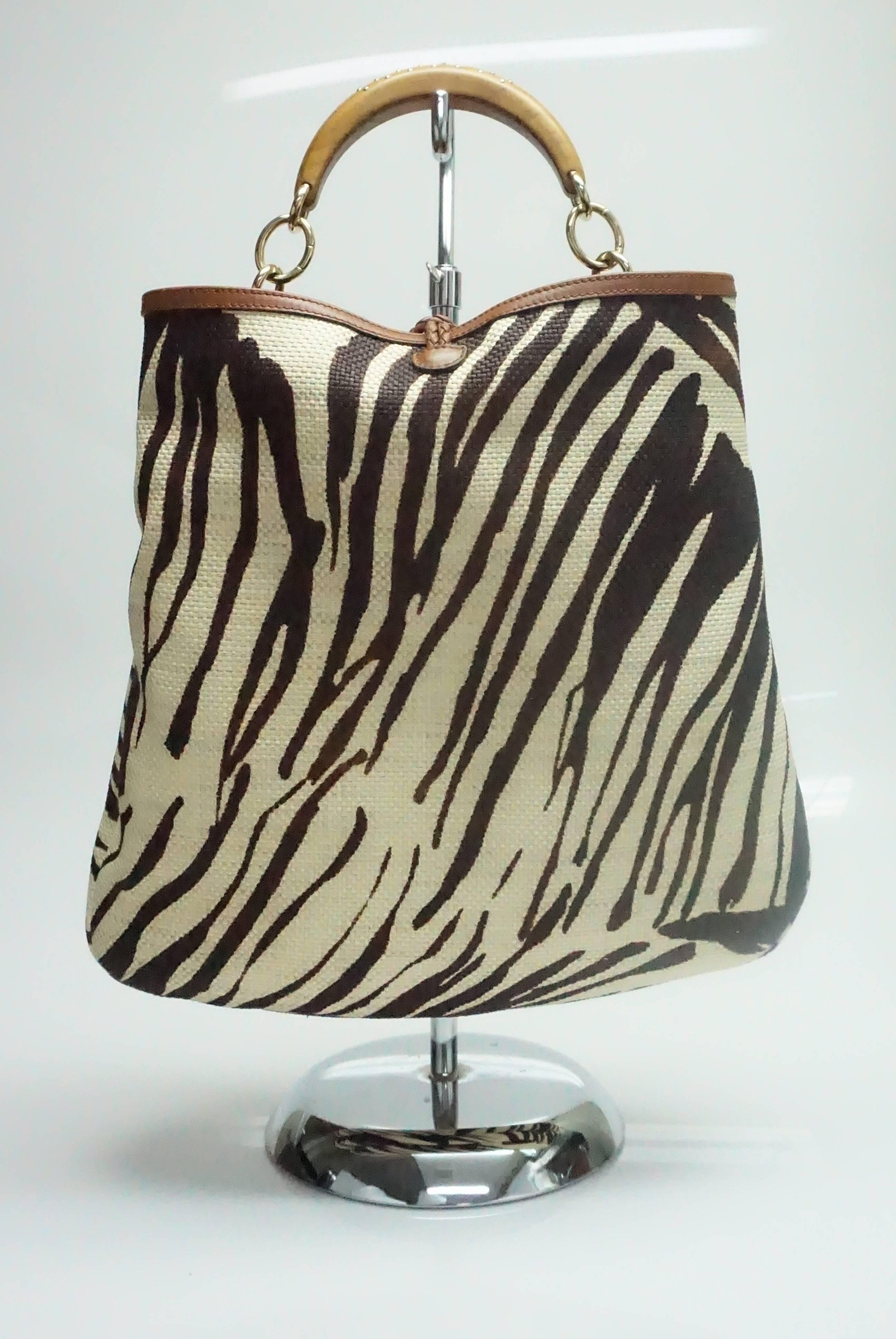 Salvatore Ferragamo Earthtone Zebra Print Raffia Wood Studded Handle Handbag  2