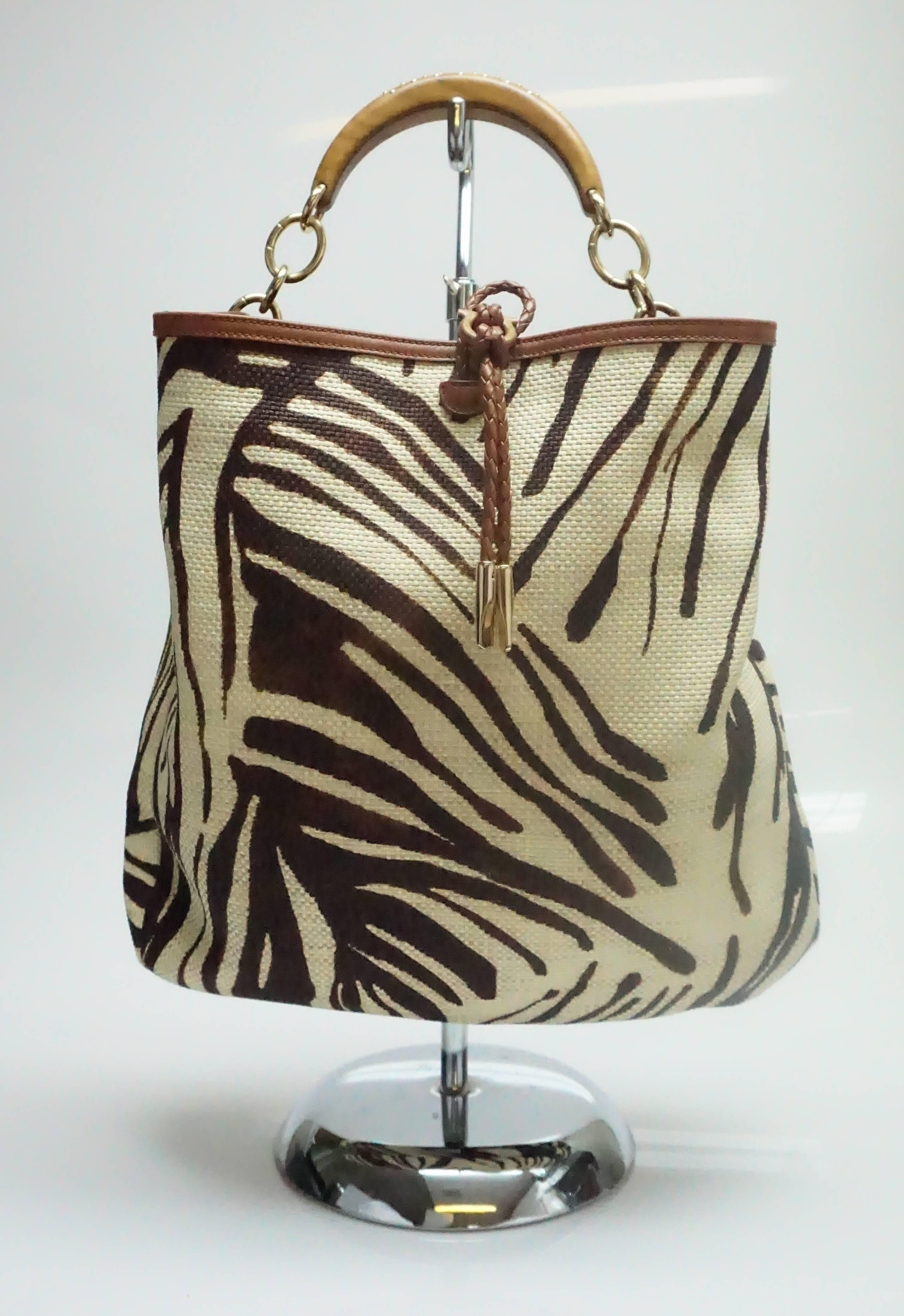 Salvatore Ferragamo Earthtone Zebra Print Raffia Wood Studded Handle Handbag  3