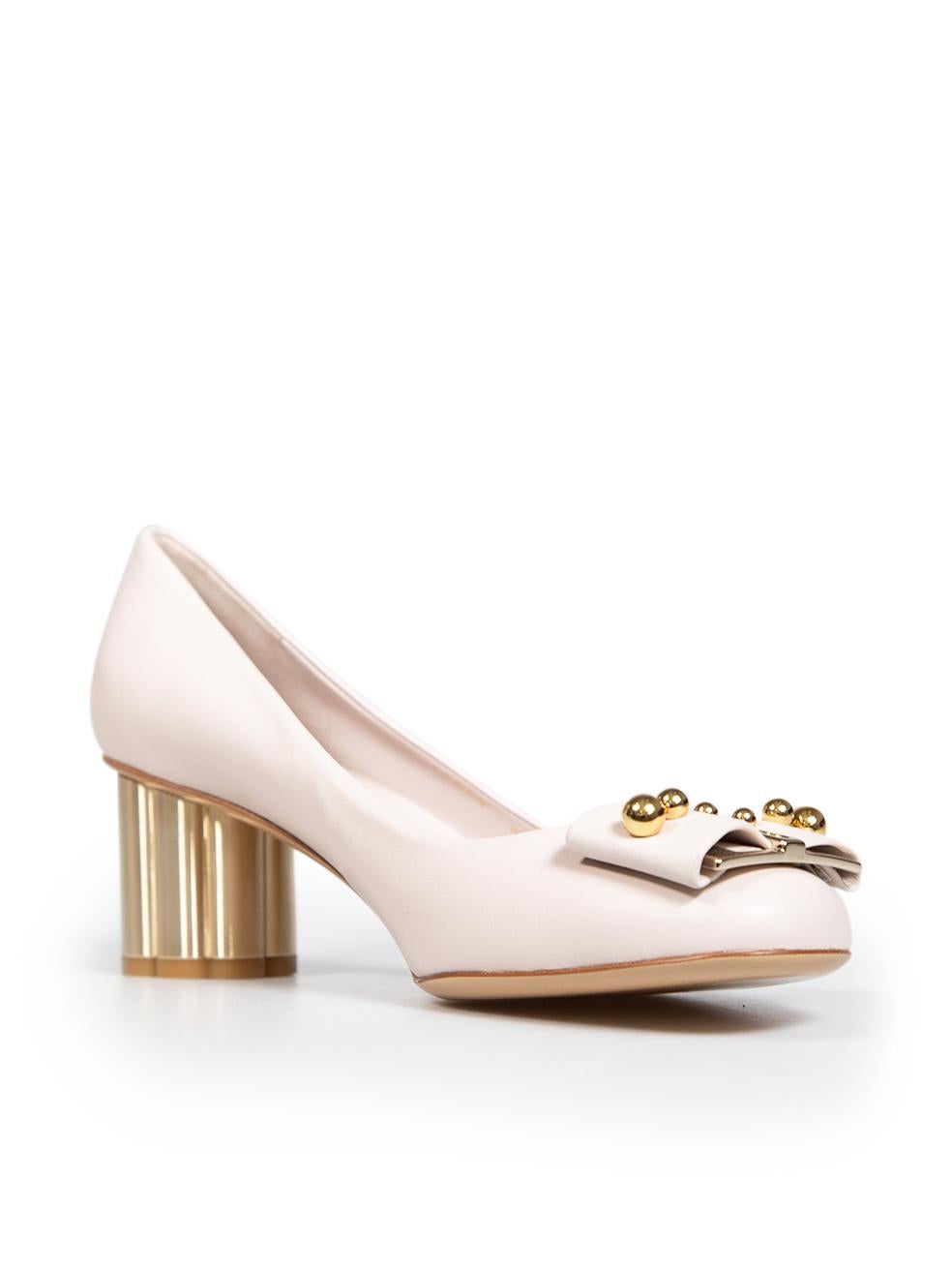 CONDITION is Never worn. No visible wear to pumps is evident. However due to poor storage, indent and mark is seen on the rear of right shoe on this new Salvatore Ferragamo designer resale item. This item comes with original dust bag.
 
 
 
