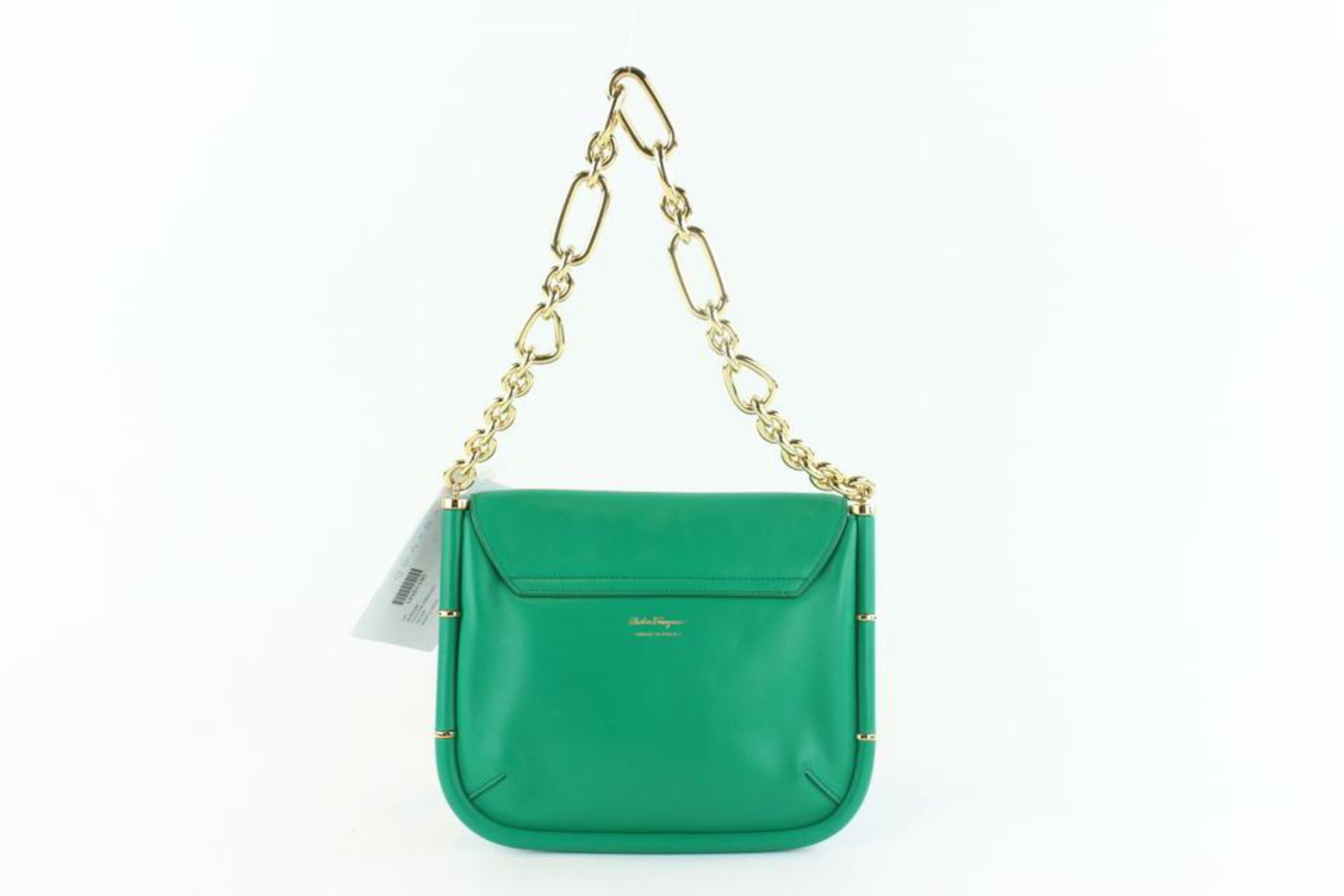 Salvatore Ferragamo Emerald Chain Flap 23mz1102 Green Leather Shoulder Bag For Sale 5