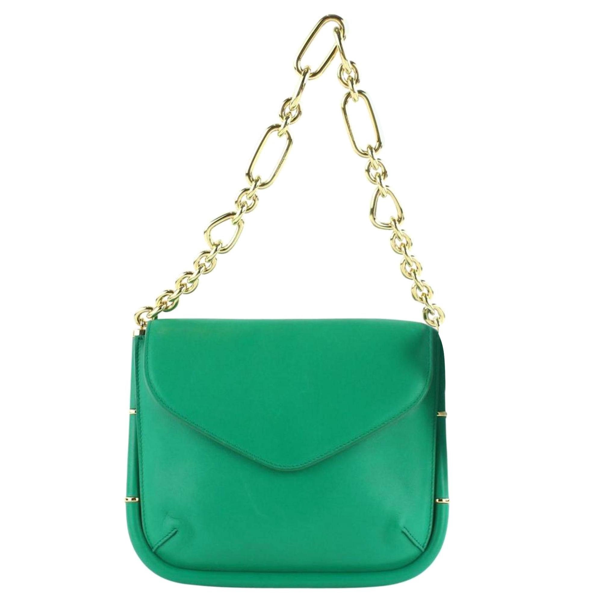 Salvatore Ferragamo Emerald Chain Flap 23mz1102 Green Leather Shoulder Bag For Sale