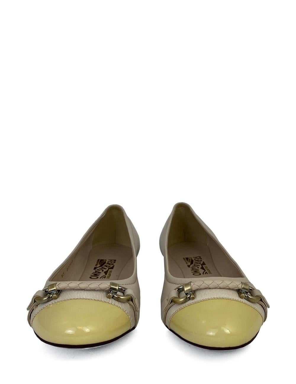 Salvatore Ferragamo beige leather ballet flats with patent toe, and braided buckle detail.

Additional information:
Material: Leather
Size: EU 41 / US 10
Overall Condition: New
Interior Condition: New
Exterior Condition: New 
Extras: Includes