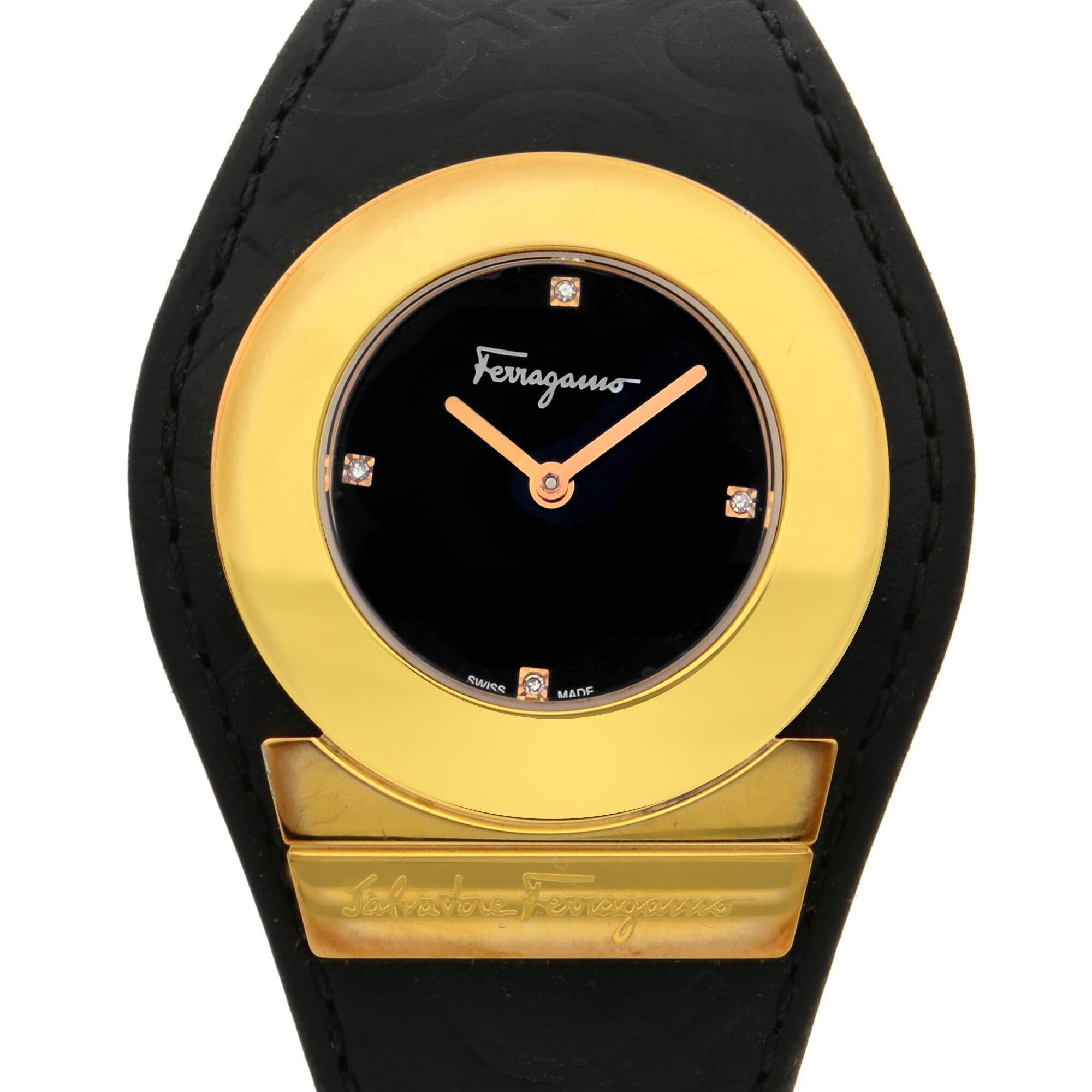 This pre-owned Salvatore Ferragamo Firenze F61SBQ5009I is a beautiful Ladie's timepiece that is powered by quartz (battery) movement which is cased in a stainless steel case. It has a round shape face, diamonds dial and has hand diamonds style
