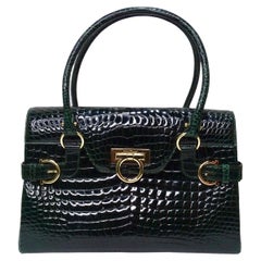 Used Salvatore Ferragamo Flap Green Alligator Handbag