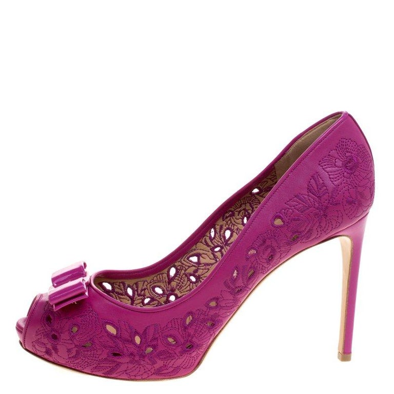 Salvatore Ferragamo Floral Embroidered Leather Plum Vara Peep Toe Pumps ...