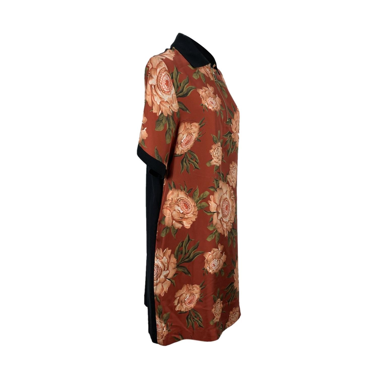 Brown Salvatore Ferragamo Floral Silk and Cotton T-Shirt Dress Size 36 IT