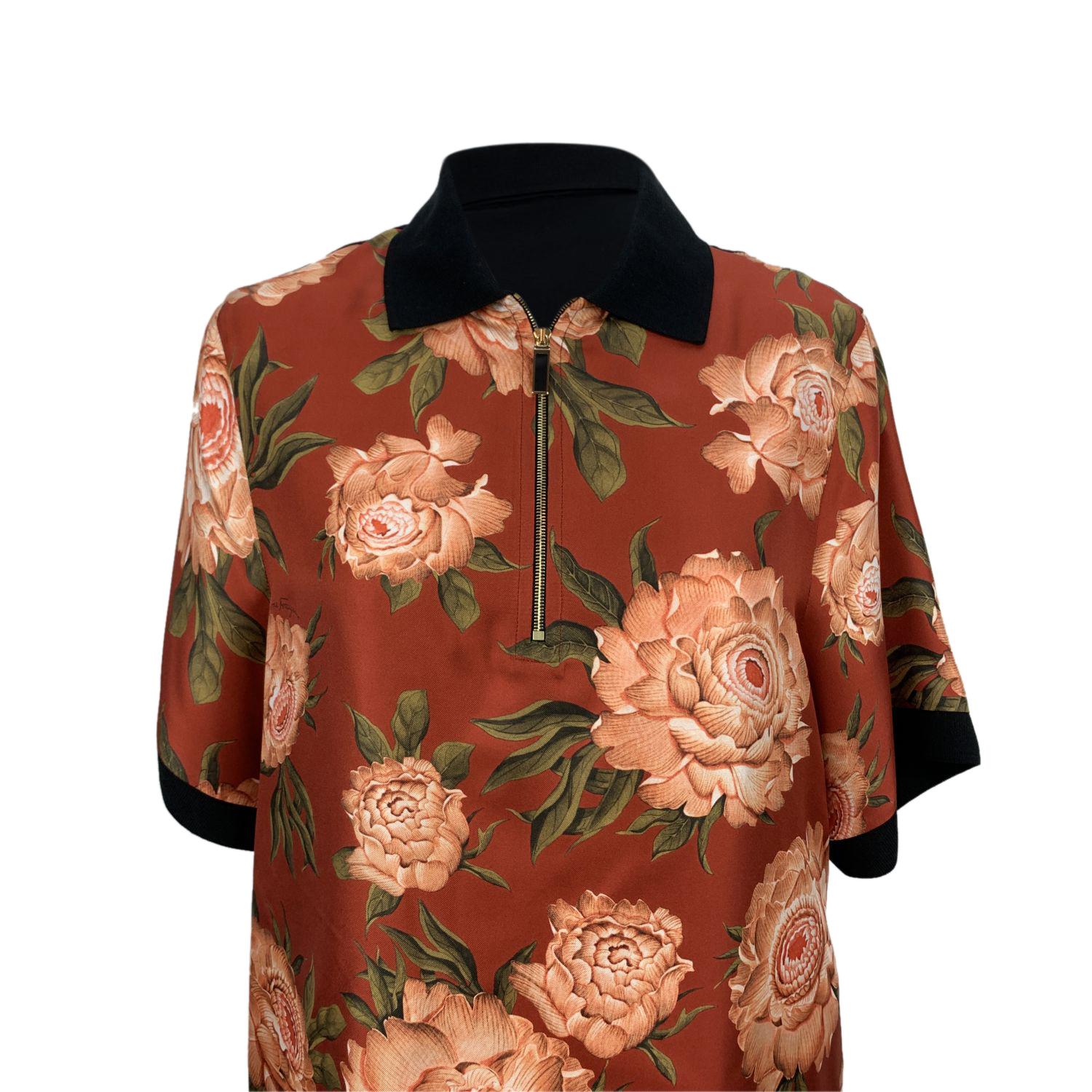 Brown Salvatore Ferragamo Floral Silk and Cotton T-Shirt Dress Size 40 IT