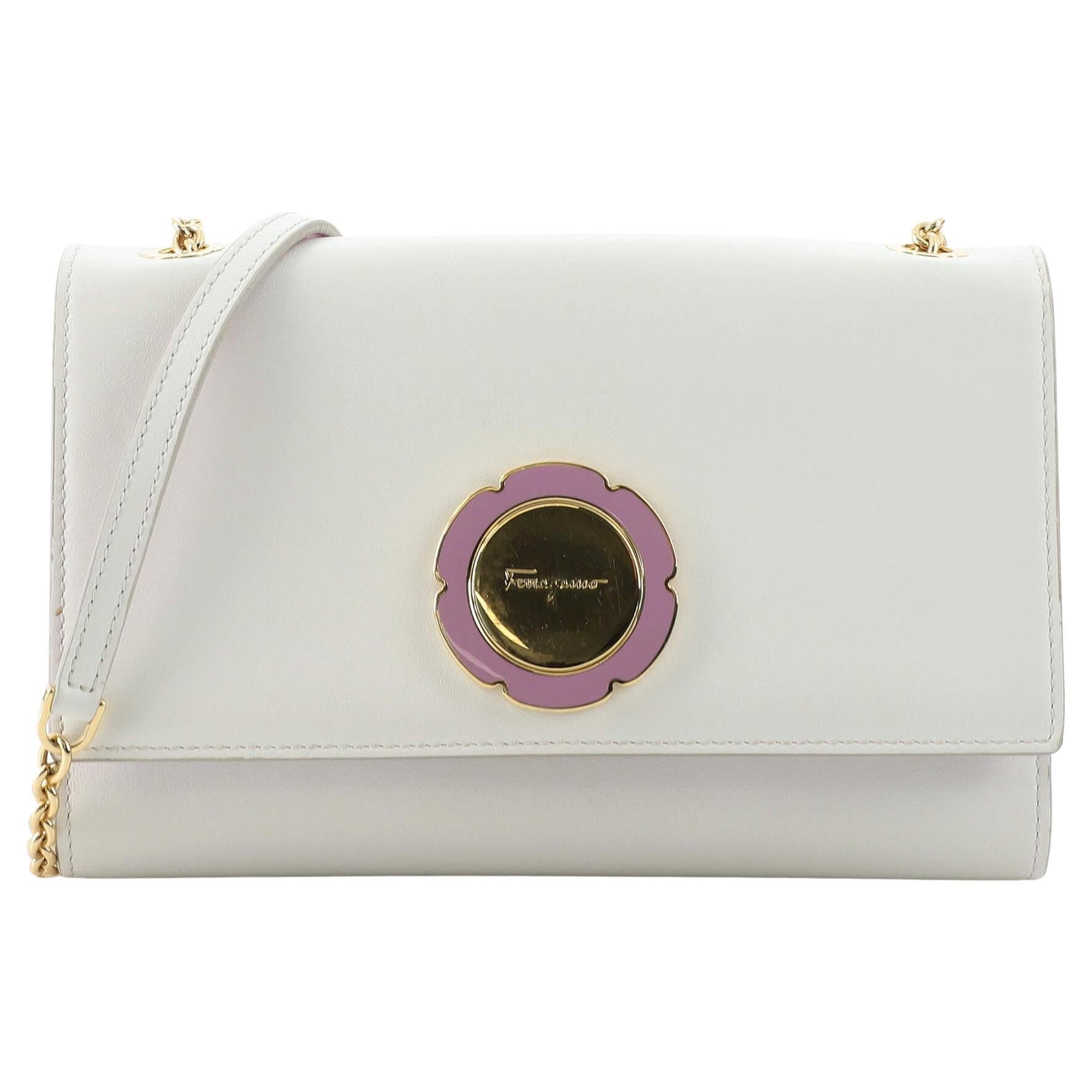 Salvatore Ferragamo Flower Detailed Chain Clutch Leather For Sale at 1stDibs