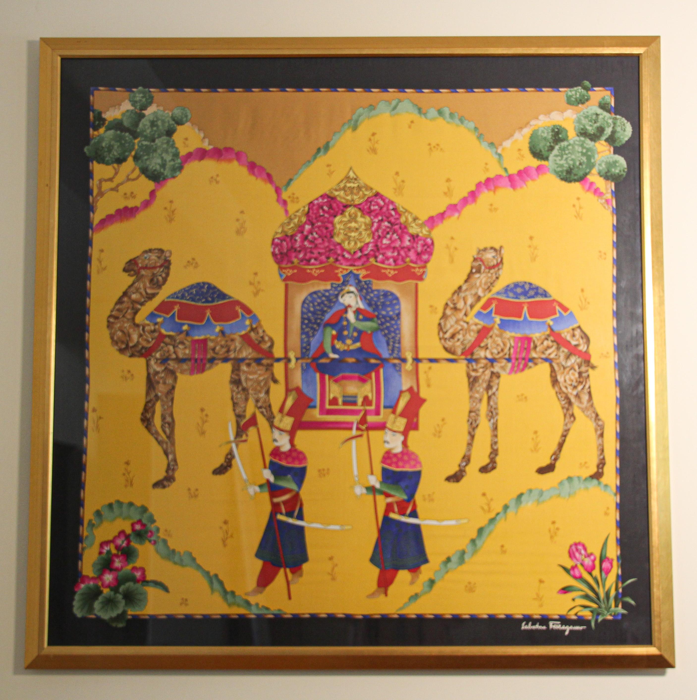 Rare Salvatore Ferragamo framed silk scarf with a Mughal scene of a princess being carried  by camels in a palanquin decorated with flowers and two guards protecting her.
Great decorative eye-catching scarf that has been elegantly framed.
Wonderful