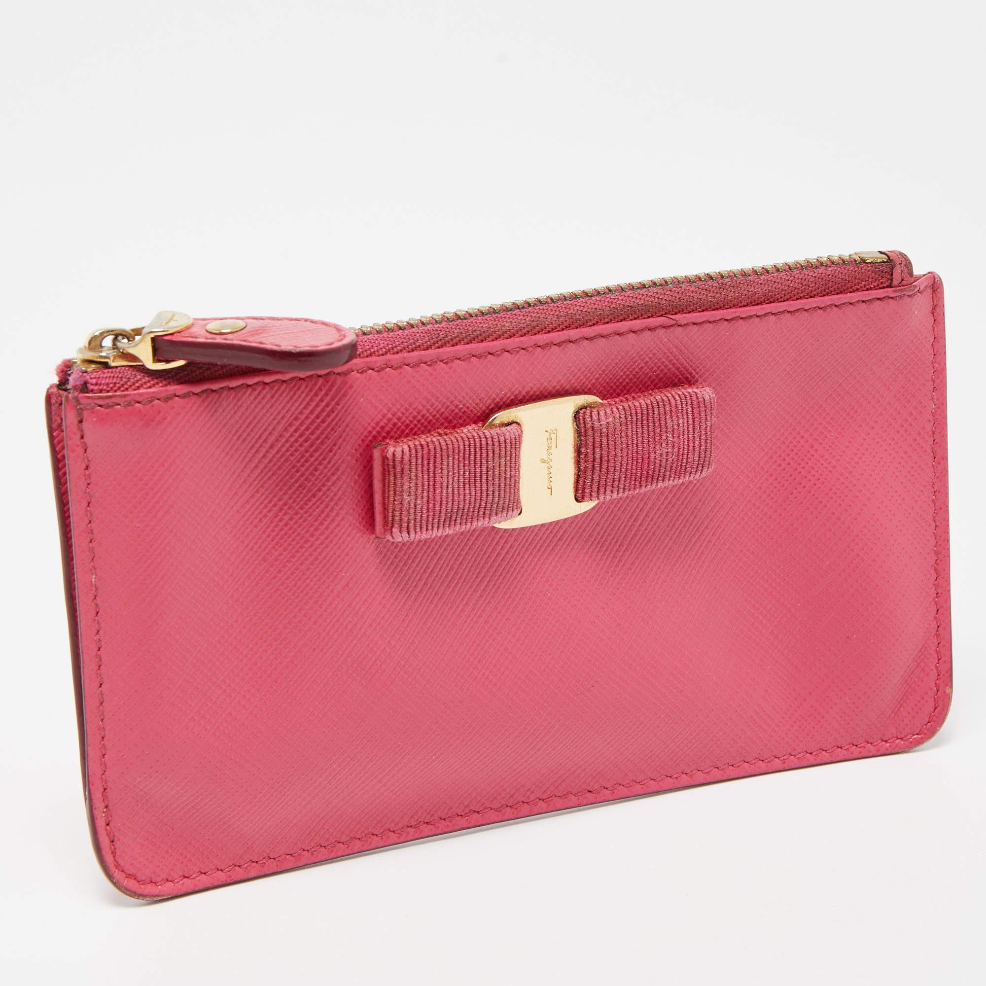 Pink Salvatore Ferragamo Fuchsia Leather Bow Zip Coin Purse For Sale