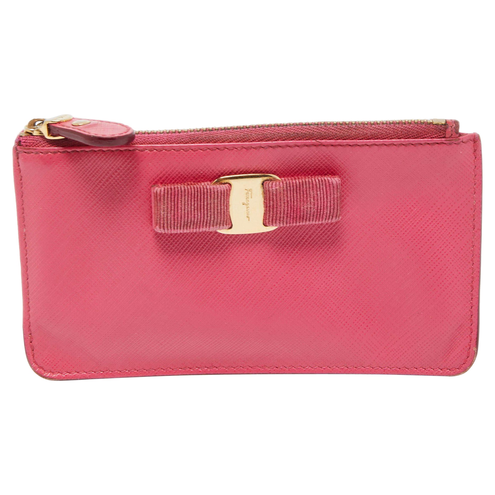 Salvatore Ferragamo Fuchsia Leather Bow Zip Coin Purse