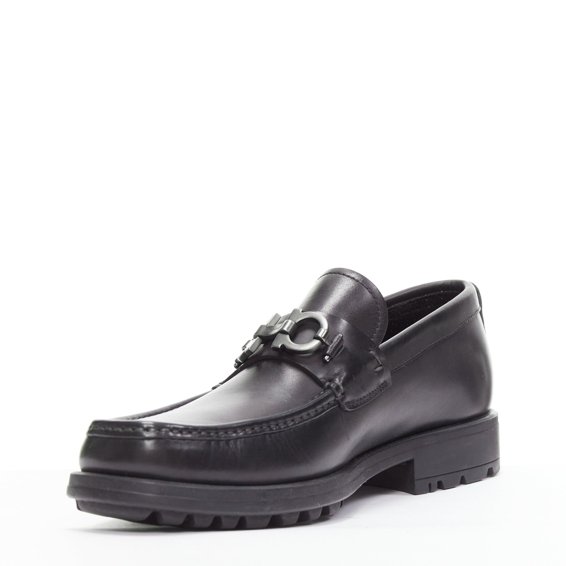 Men's SALVATORE FERRAGAMO Gancini black leather logo buckles lug sole loafer UK8 EU42 For Sale