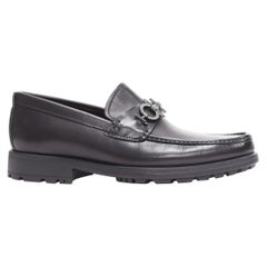 SALVATORE FERRAGAMO Gancini black leather logo buckles lug sole loafer UK8 EU42