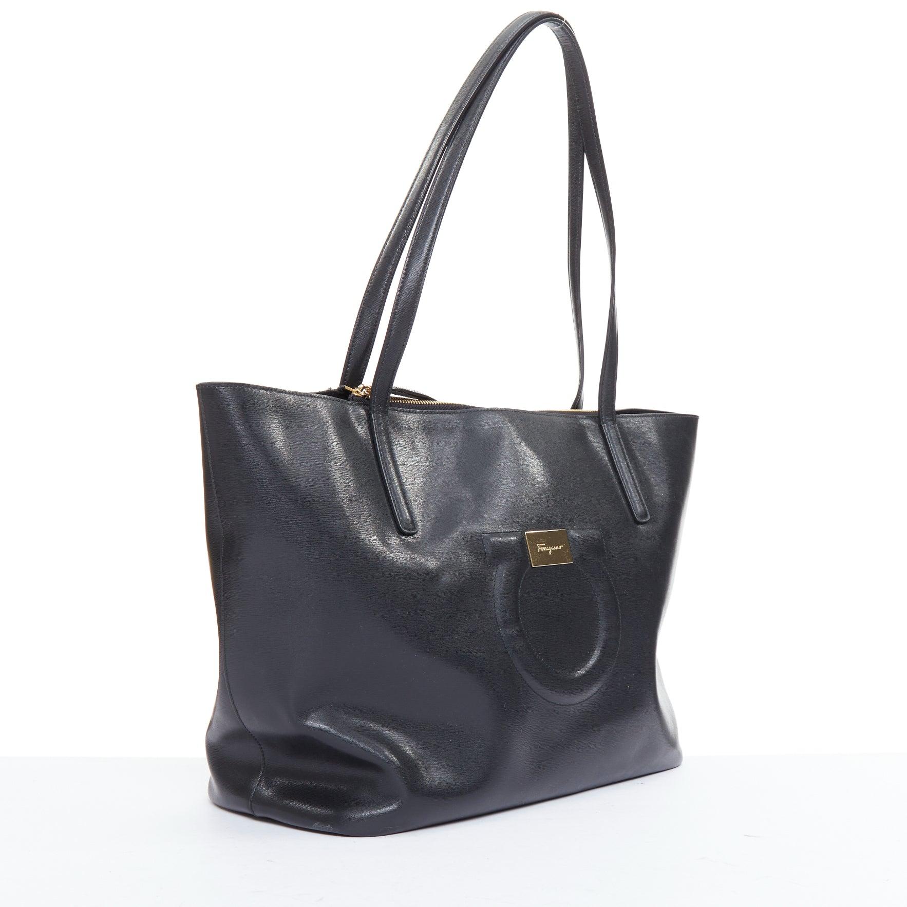 Gray SALVATORE FERRAGAMO Gancini black logo gold metal plate shoulder tote bag