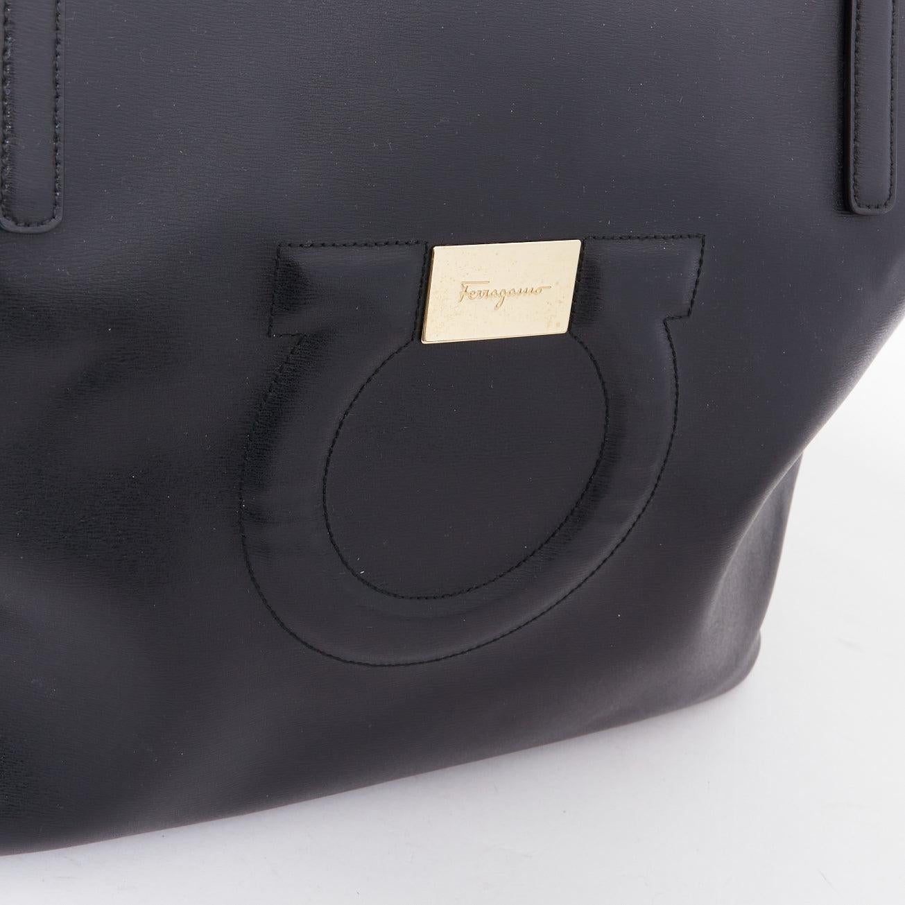 SALVATORE FERRAGAMO Gancini black logo gold metal plate shoulder tote bag 2