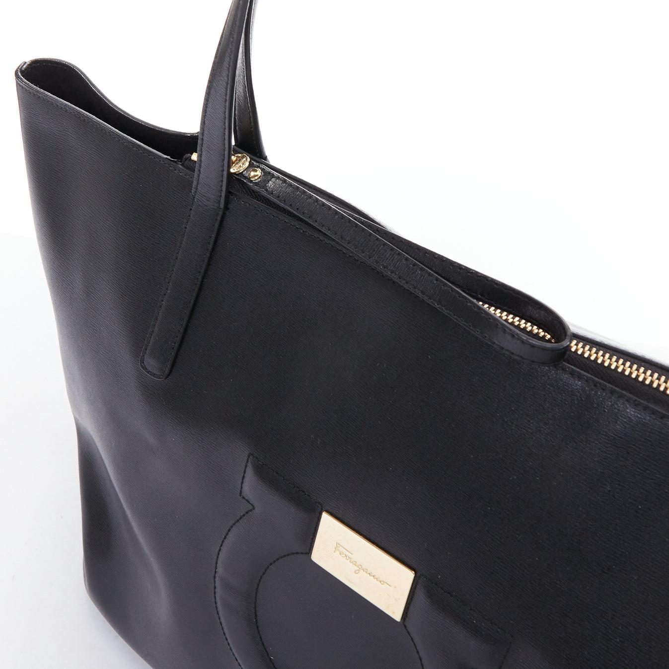 SALVATORE FERRAGAMO Gancini black logo gold metal plate shoulder tote bag 3