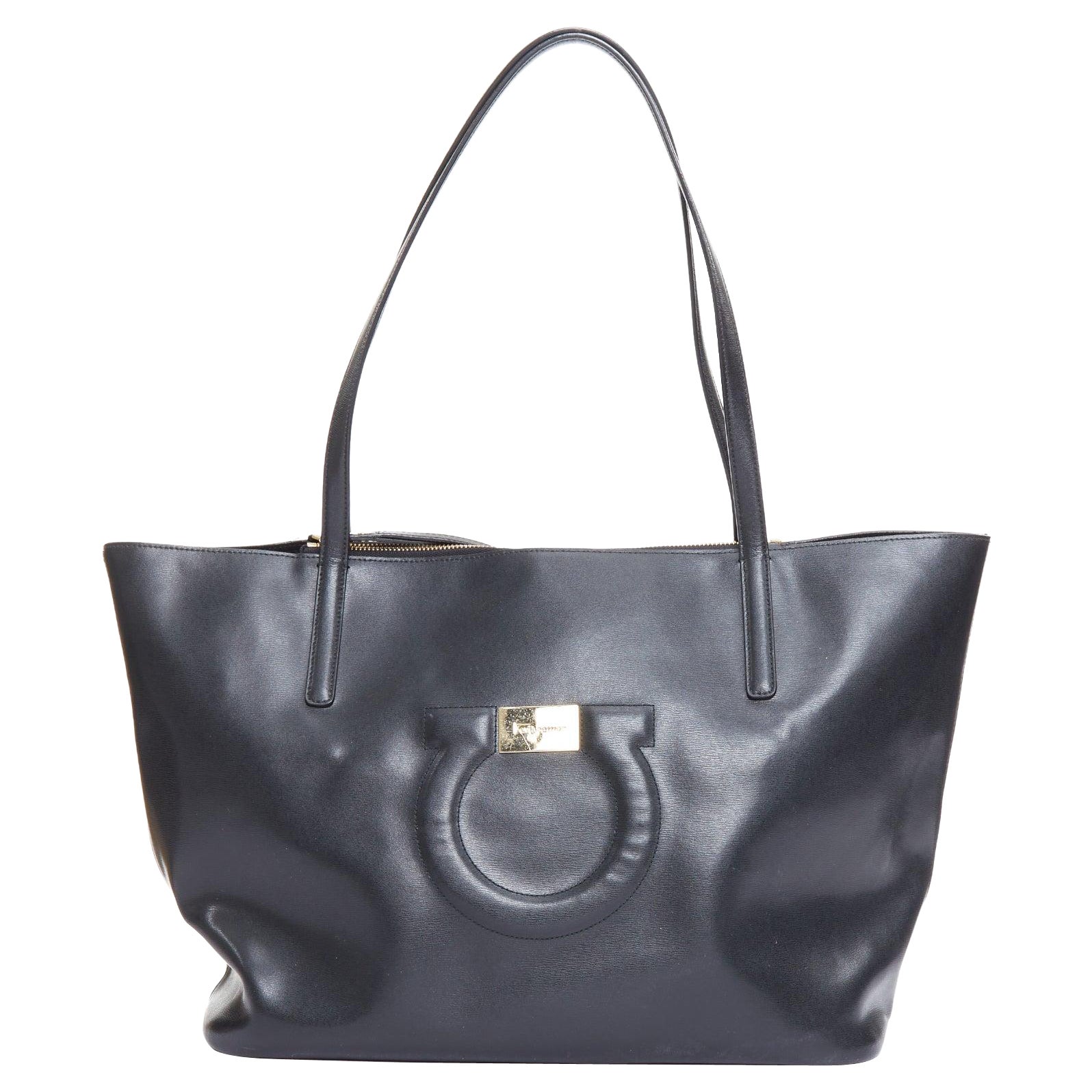 SALVATORE FERRAGAMO Gancini black logo gold metal plate shoulder tote bag