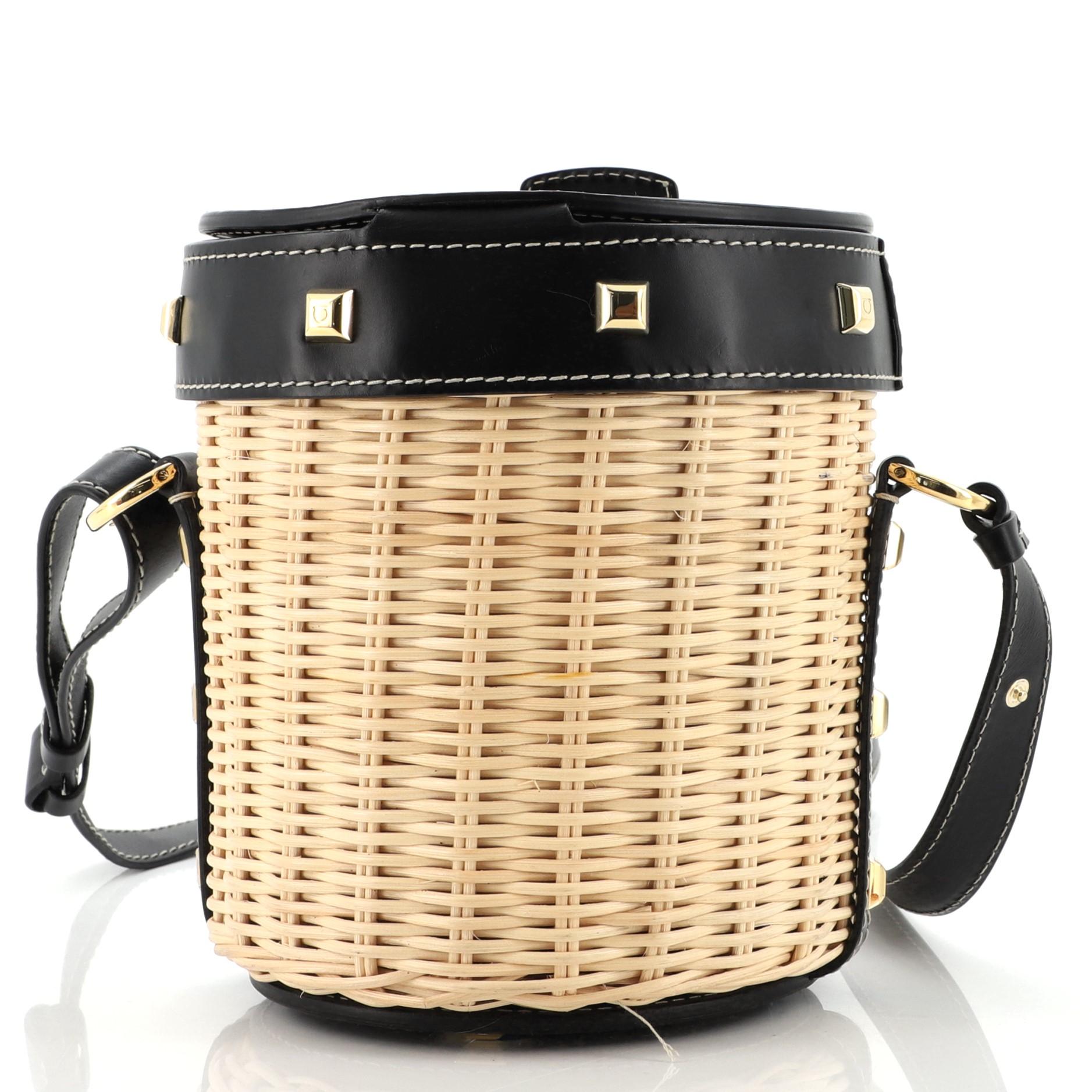Salvatore Ferragamo Gancini Drawstring Bucket Bag Wicker with Studded Leather In Good Condition In NY, NY