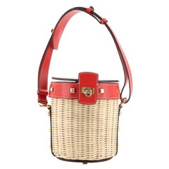 Salvatore Ferragamo Gancini Drawstring Bucket Bag Wicker with Studded Leather