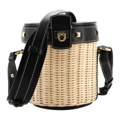 Salvatore Ferragamo Gancini Drawstring Bucket Bag Wicker with Studded Leather