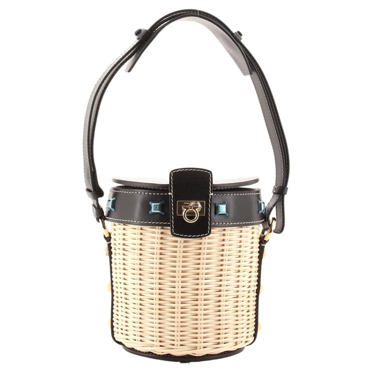 Salvatore Ferragamo Gancini Drawstring Bucket Bag Wicker with Studded  Leather For Sale at 1stDibs