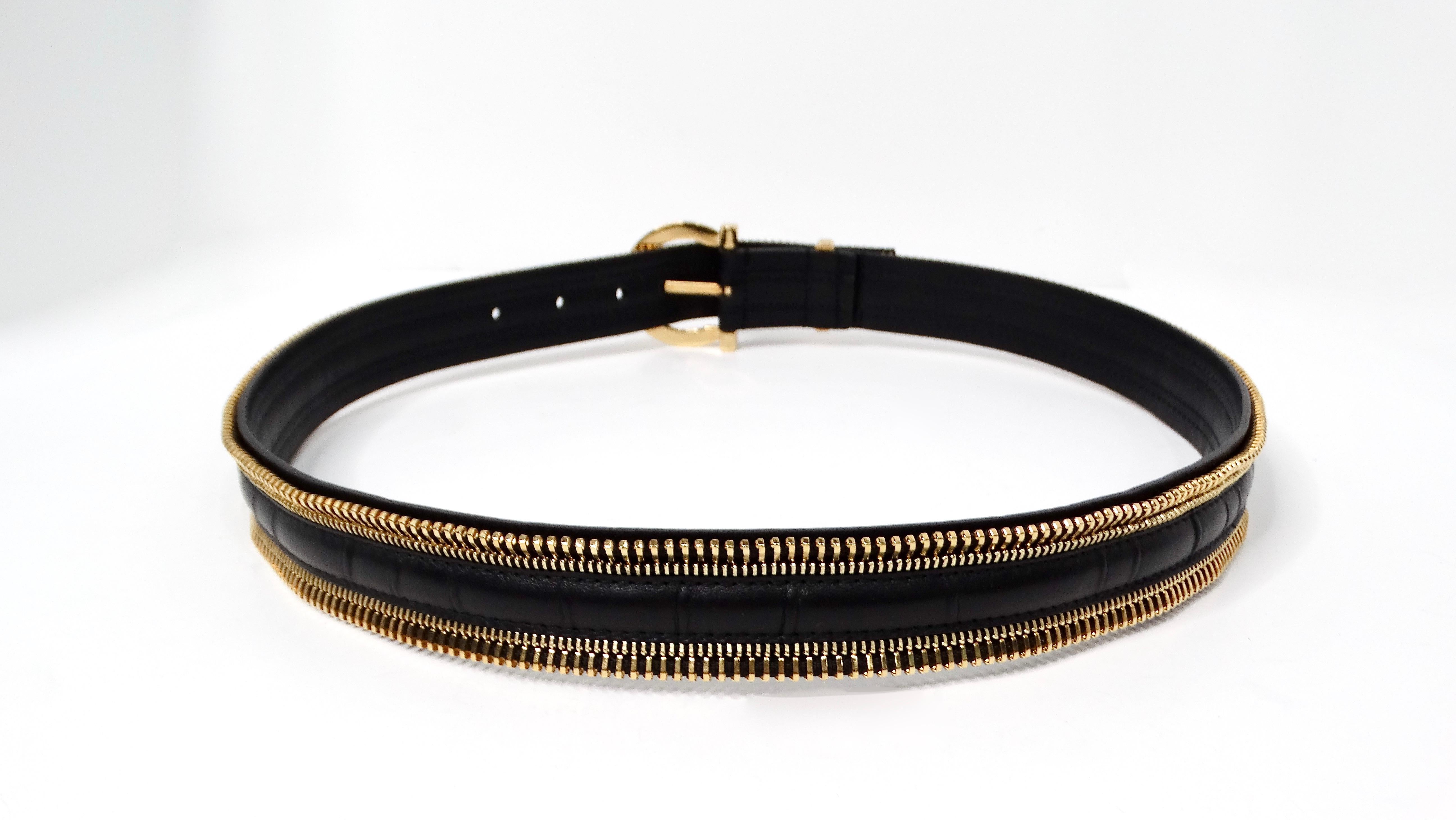 Salvatore Ferragamo Gancini Gold-Tone Open Zipper Style Black Leather Belt (Schwarz) im Angebot