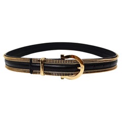 Salvatore Ferragamo Gancini Gold-Tone Open Zipper Style Black Leather Belt