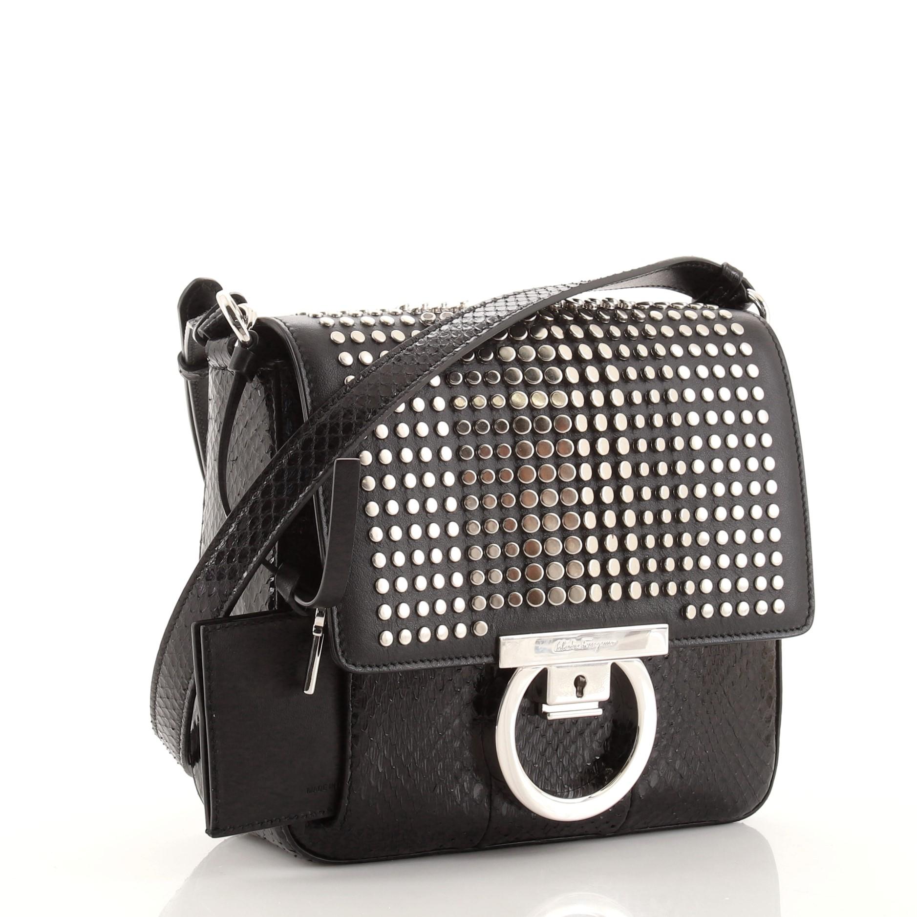 Black Salvatore Ferragamo Gancini Lock Flap Shoulder Bag Studded Leather and Python 