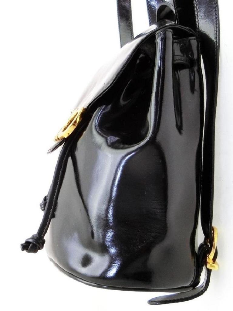 Salvatore Ferragamo Gancini Logo 228043 Black Patent Leather Backpack In Good Condition For Sale In Dix hills, NY