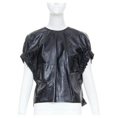 SALVATORE FERRAGAMO gathered lambskin leather cap sleeve tie blouse IT38 XS