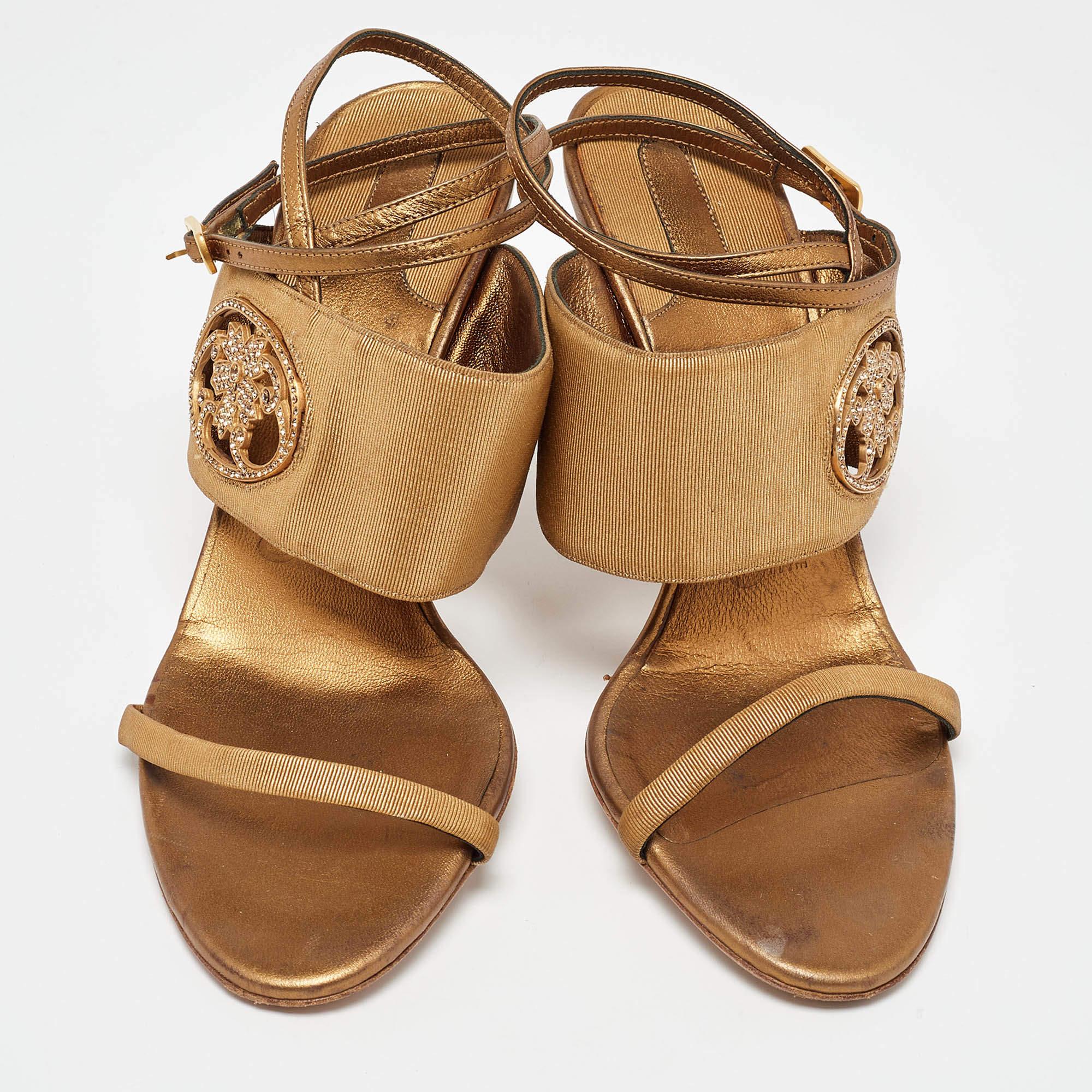 Brown Salvatore Ferragamo Gold Canvas and Leather Ankle Strap Sandals Size 38 For Sale