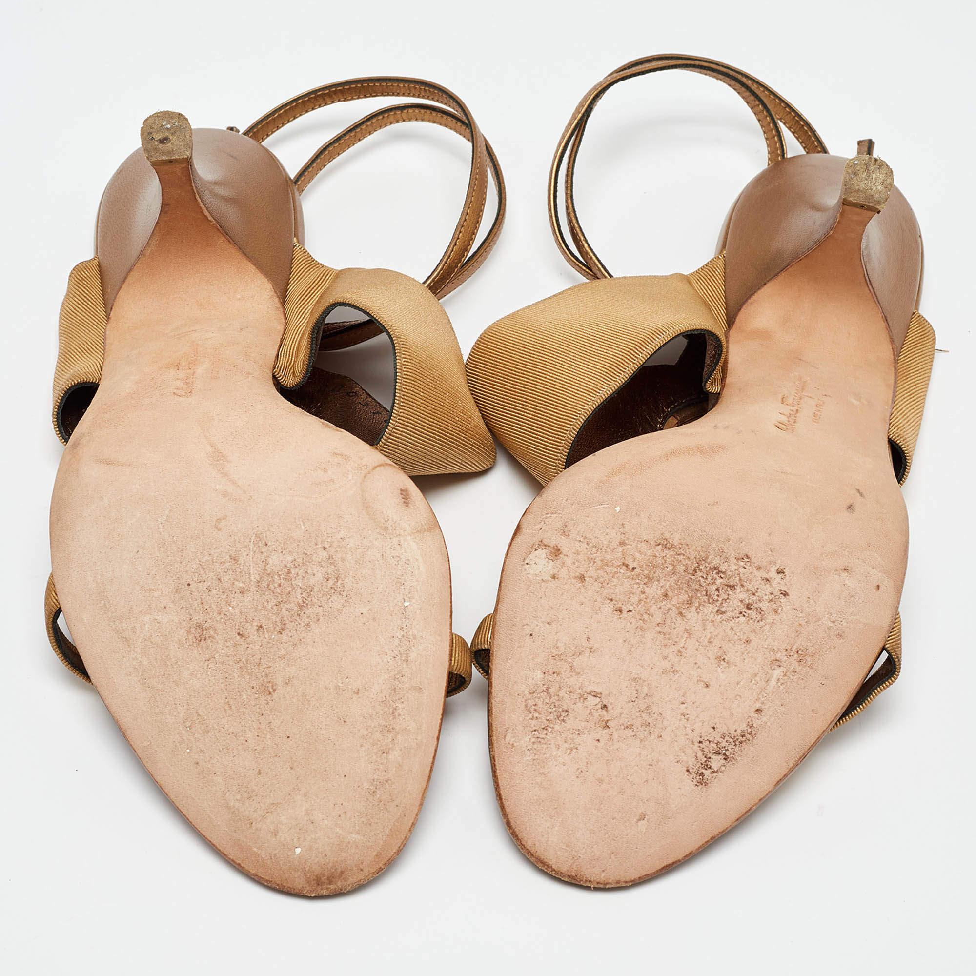 Salvatore Ferragamo Gold Canvas and Leather Ankle Strap Sandals Size 38 For Sale 1
