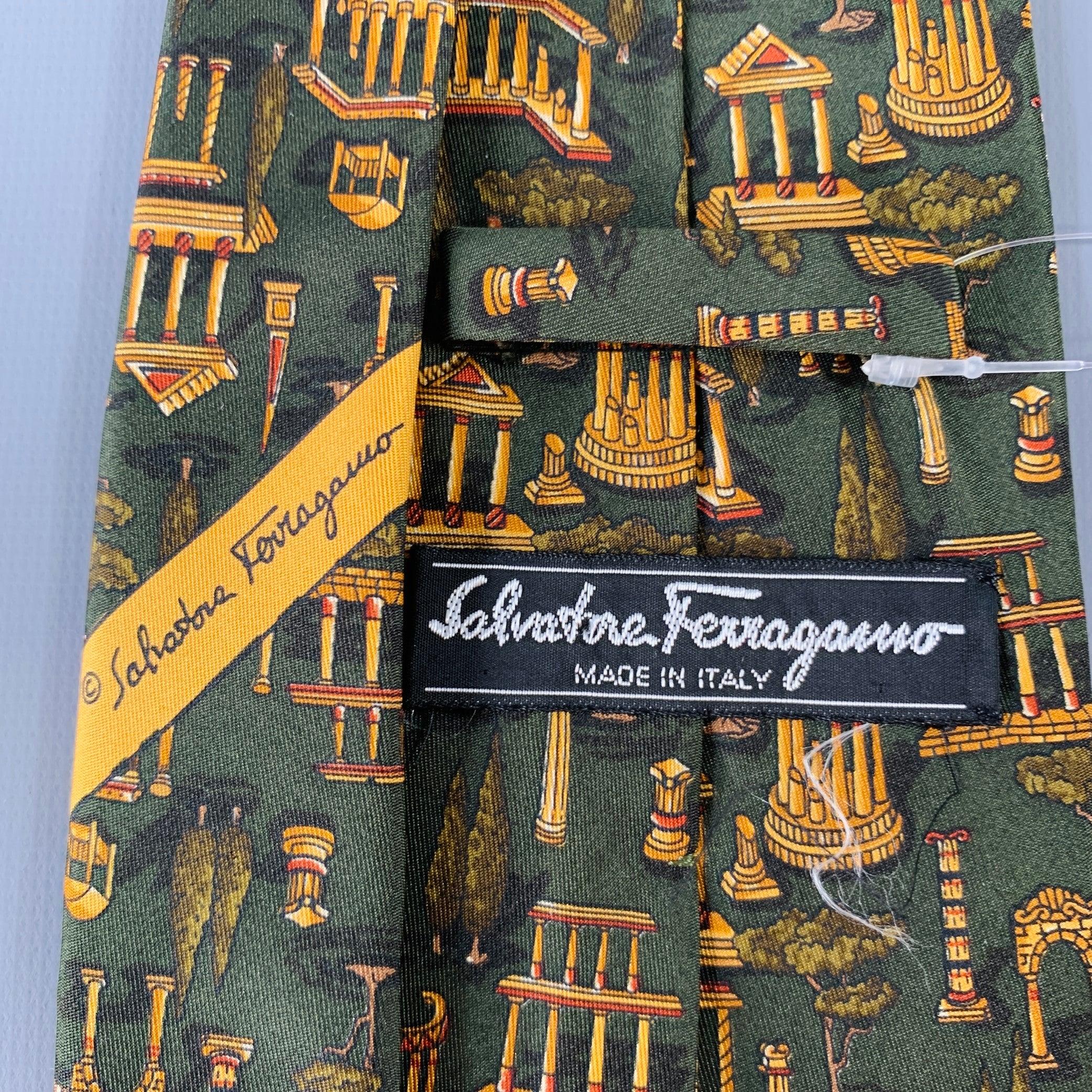 Brown SALVATORE FERRAGAMO Gold Dark Green Greek Architecture Silk Tie