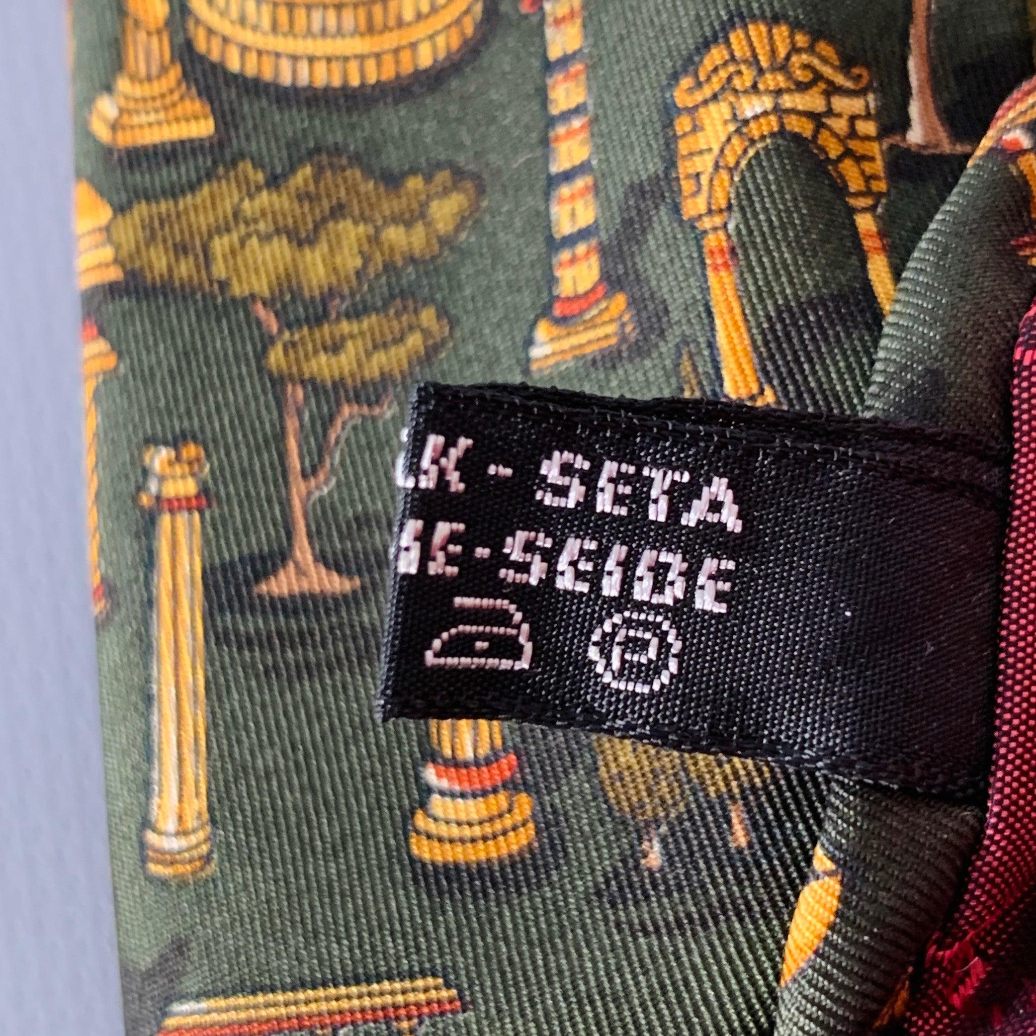 Men's SALVATORE FERRAGAMO Gold Dark Green Greek Architecture Silk Tie