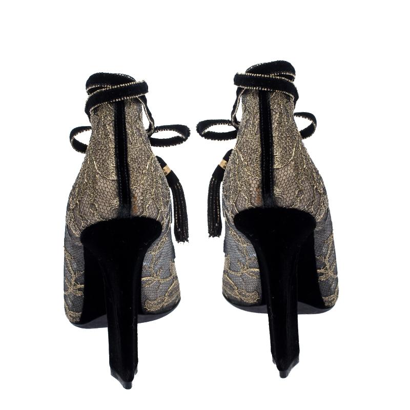 Women's Salvatore Ferragamo Gold Lace And Black Velvet Tokara Ankle Wrap Sandal Size37.5