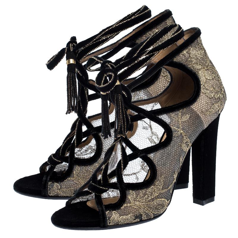 Salvatore Ferragamo Gold Lace And Black Velvet Tokara Ankle Wrap Sandal Size37.5 1