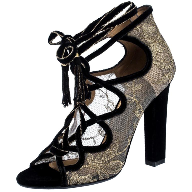 Salvatore Ferragamo Gold Lace And Black Velvet Tokara Ankle Wrap Sandal Size37.5