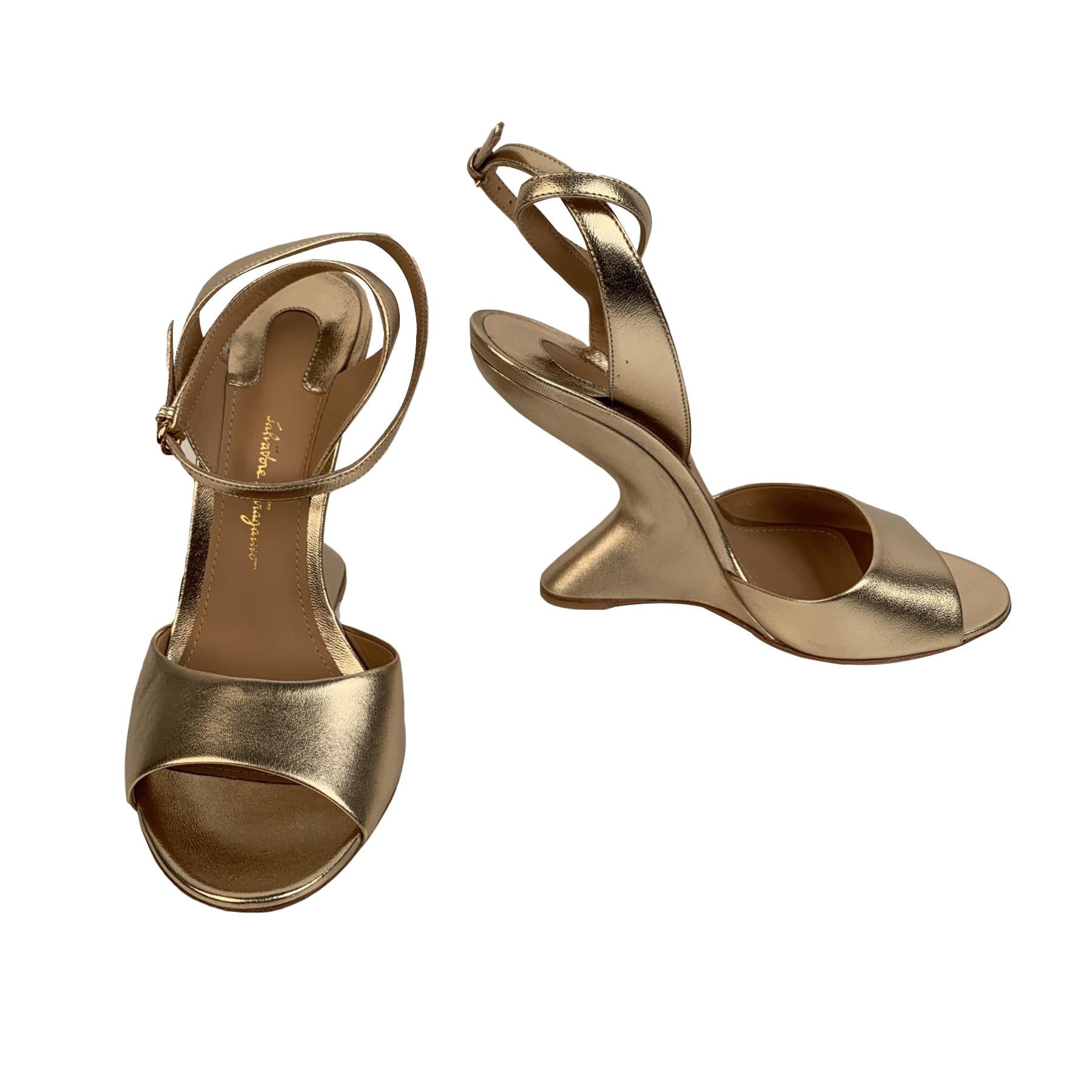 Salvatore Ferragamo Gold Leather Arsina Wedge Sandals US 7.5C EU 38 3