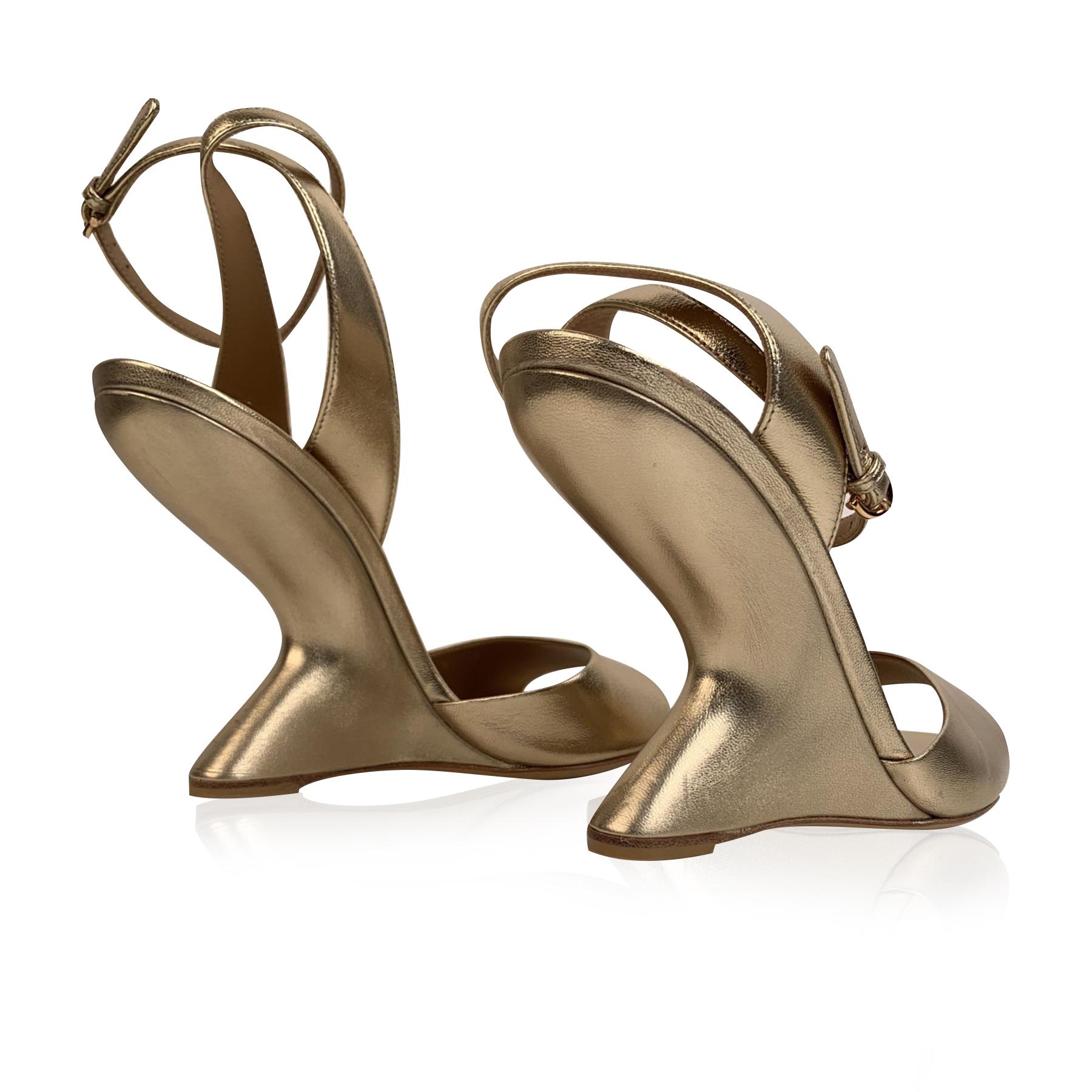 Women's Salvatore Ferragamo Gold Leather Arsina Wedge Sandals US 7C EU 37.5