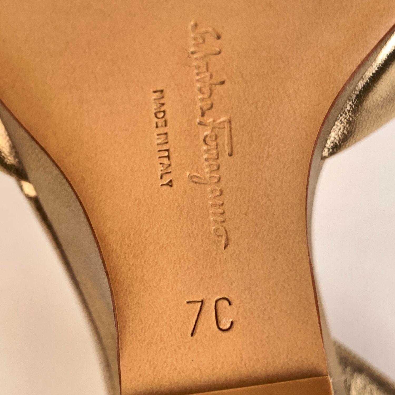 Salvatore Ferragamo Gold Leather Arsina Wedge Sandals US 7C EU 37.5 3