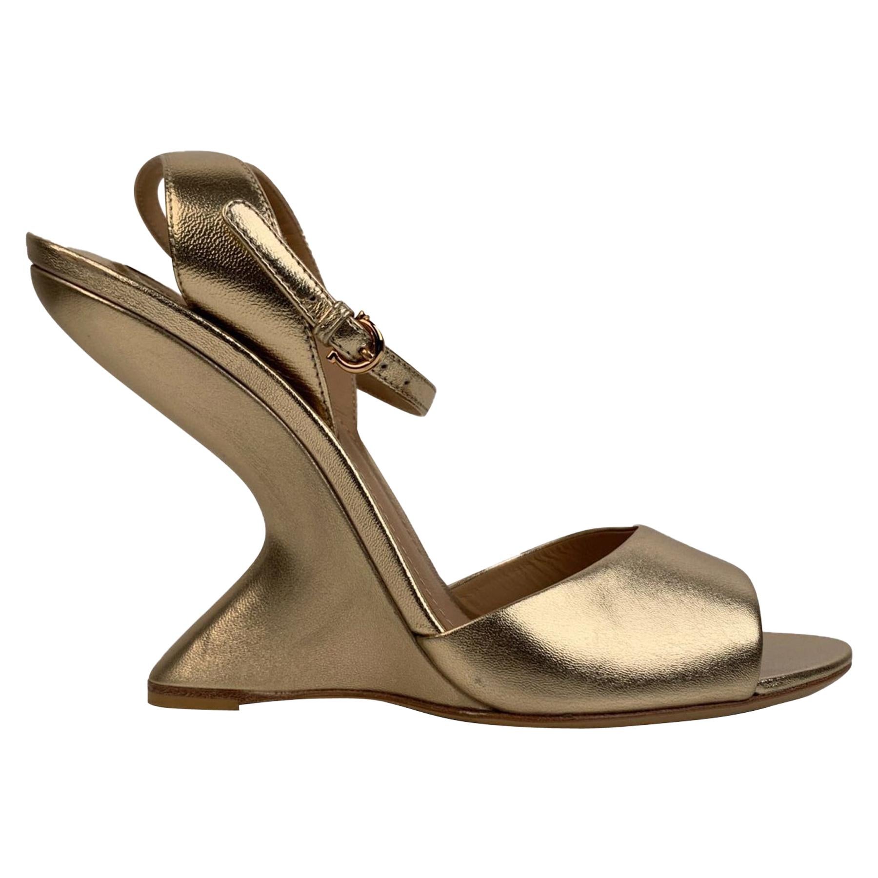 Salvatore Ferragamo Gold Leather Arsina Wedge Sandals US 7C EU 37.5