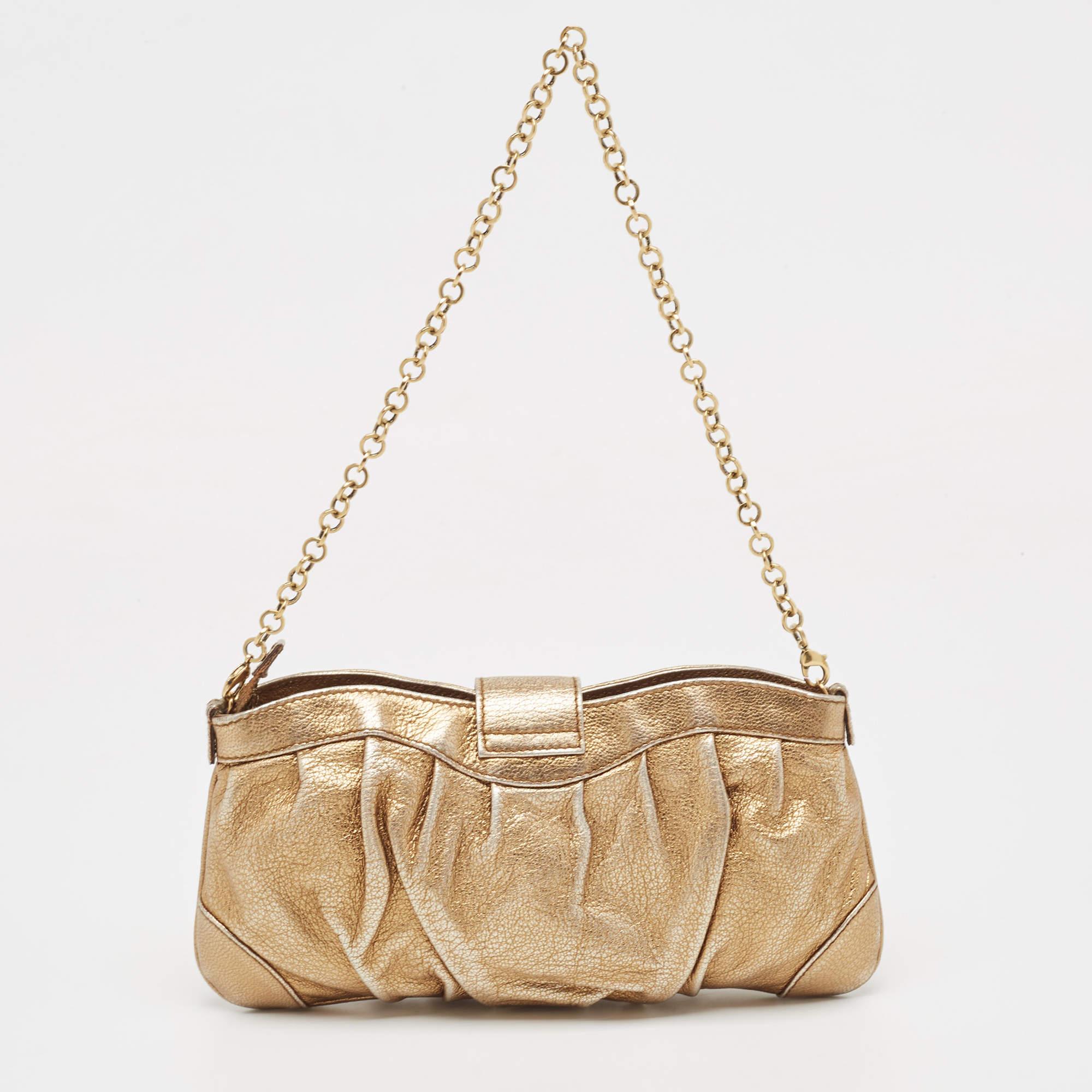 Women's Salvatore Ferragamo Gold Leather Chain Clutch